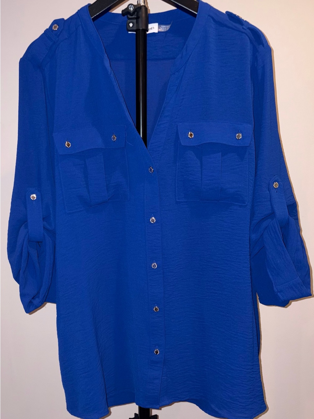 Calvin Klein cobalt blue utility blouse roll tab sleeves button front sz XL EUC